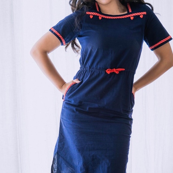 70s vintage navy blue heart button dress - Picture 4 of 6